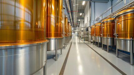 A wide-angle view of a modern vodka distillery with large stainless steel tanks and copper stills 