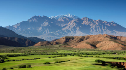 ''Atlas Mountains in August, rugged terrain with patches of green, dramatic peaks, clear and sunny weather'' 