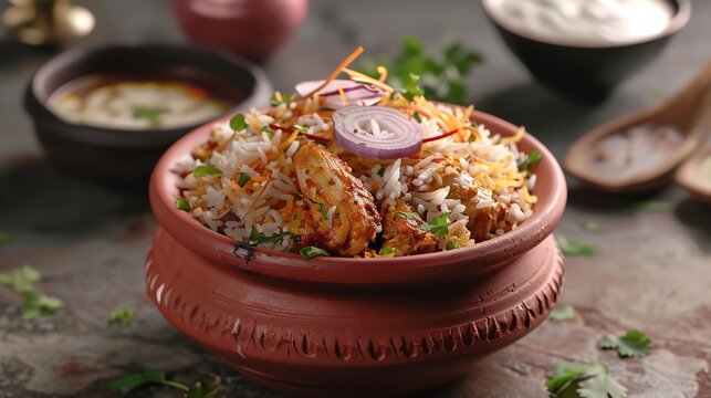 Spicy chicken dhum biryani in traditional handi