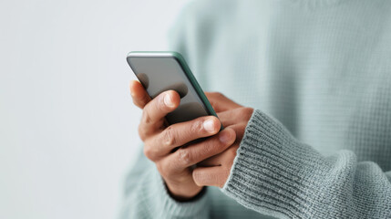 blind person using a smartphone with voice assist, isolated on a light background, showcasing accessibility technology 