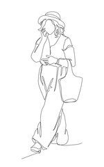 Woman in hat walking and talking on the phone. Continuous line drawing. Black and white vector illustration in line art style.