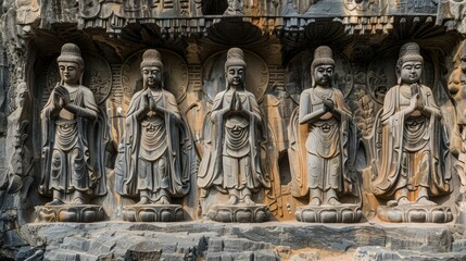 Ancient stone carvings of Buddha statues standing in prayer pose, showcasing detailed craftsmanship and historical Buddhist art.