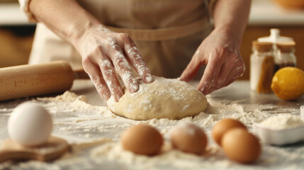 Fototapeta premium ''close-up of hands kneading pie dough on a floured surface, rolling pin and ingredients around, warm kitchen lighting'' 