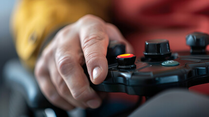 closeup of a disabled person&rsquo;s hand using a joystick on a powered wheelchair, isolated on a neutral background, highlighting technology and independence 