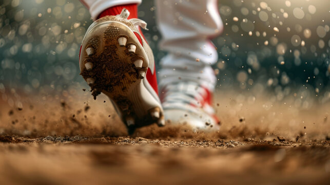 Closeup of a Major League Baseball player's cleats digging into the dirt, ready to sprint, detailed texture 