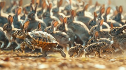 Fototapeta premium Turtle running in a race leading a large group of rabbits, in strategy and determination concept.