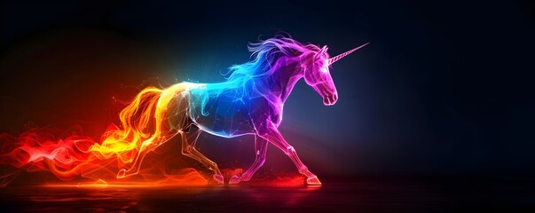 Mesmerizing Neon Unicorn   Glowing Mythical Animal in Vibrant Rainbow Colors on Dark Background