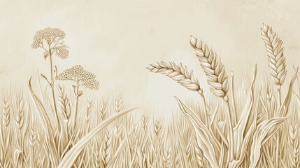 Wheat and Weeds in Field, Parable Illustration with Beige Background and Copyspace for Inspirational Quotes