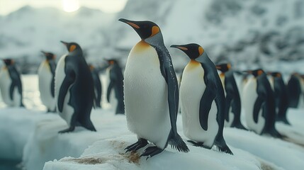 Fototapeta premium Colony of Emperor Penguins on Ice in Their Natural Antarctic Habitat