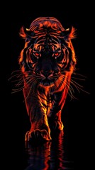 Neon Tiger Prowling on Isolated Black Background with Intense Glowing Stripes