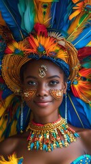 Brazilian woman with a festive headdress, looking vibrant
