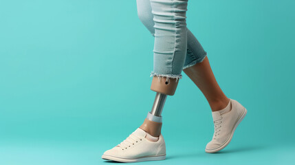 disabled person using a prosthetic leg, walking confidently, isolated on a bright background, highlighting strength and independence 