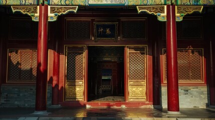 Traditional Chinese architecture with intricate wooden designs and vibrant red pillars, showcasing historical and cultural significance.