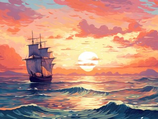 Fototapeta premium vector ship in the sunset