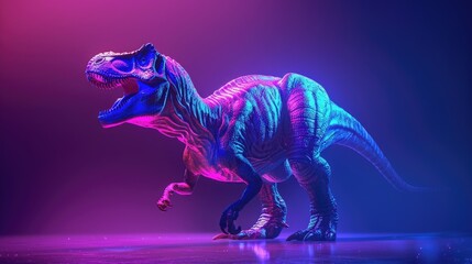Fototapeta premium Tyrannosaurus rex dinosaur 3d. Back light. Glowing blue, pink, magenta and purple glow.