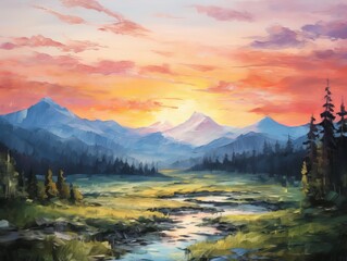 Obraz premium oil painting sunrise in the mountains