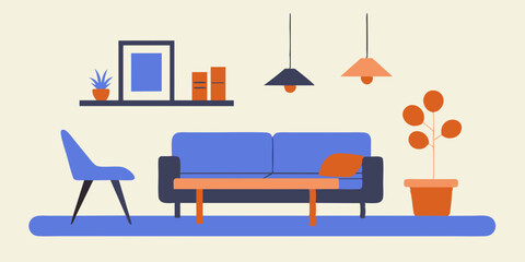 Chic Modern Living Room Design. Table and Sofa Focus Illustration.