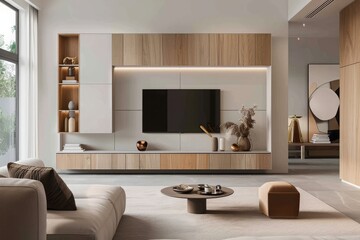 TV cabinet and storage space in a living room with a white wall. Generative Ai