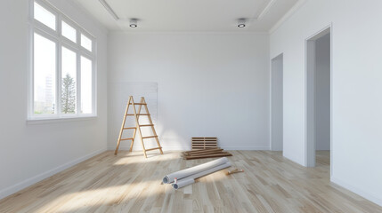 Obraz premium ''living room renovation, walls being painted, new furniture pieces waiting to be assembled, bright and airy space, modern design'' 