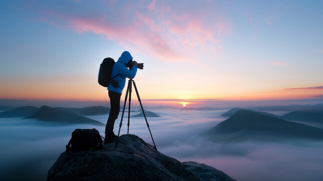 ''landscape photographer setting up a shot at dawn, misty valley, serene and peaceful, tripod and camera gear visible'' 