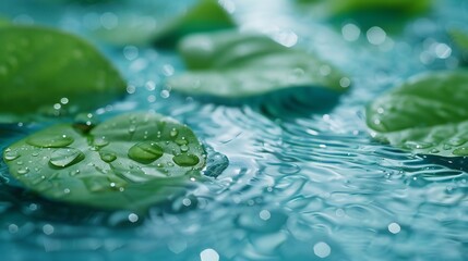 Close-up of sunflower leaves, calm water surface in background, droplets of water on leaves, cool and tranquil, balanced and refreshing.