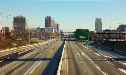 Fototapeta premium A highway with a green sign pointing to the right