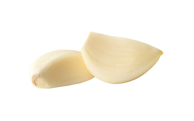 Front view of white peeled garlic cloves isolated with clipping path in png file format