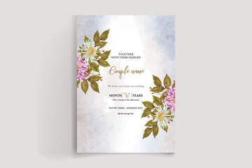 WEDDING INVITATION FRAME WITH FLOWER DECORATIONS AND FRESH LEAVES 