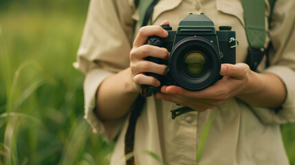 ''retro photographer in a rustic countryside, taking pictures with a box camera, nostalgic and peaceful illustration'' 