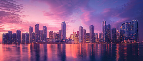 Obraz premium A city skyline is reflected in the water at sunset