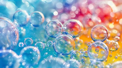 Abstract colorful soap bubbles with rainbow background. Concept of clean, fun, and childlike play.  Bokeh effect.