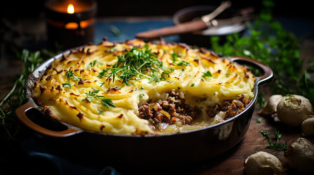 Hachis Parmentier, shephards pie or cottage pie with a serving taken out
