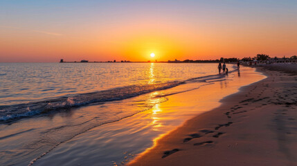 Fototapeta premium ''sunset over the beach in Rhodes, golden hues, calm waves, silhouettes of people walking along the shore, serene and beautiful'' 