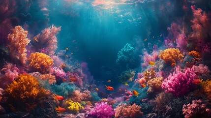 Fototapeta premium Colorful Coral Reef Teeming with Marine Life Under Sunlit Ocean Waters