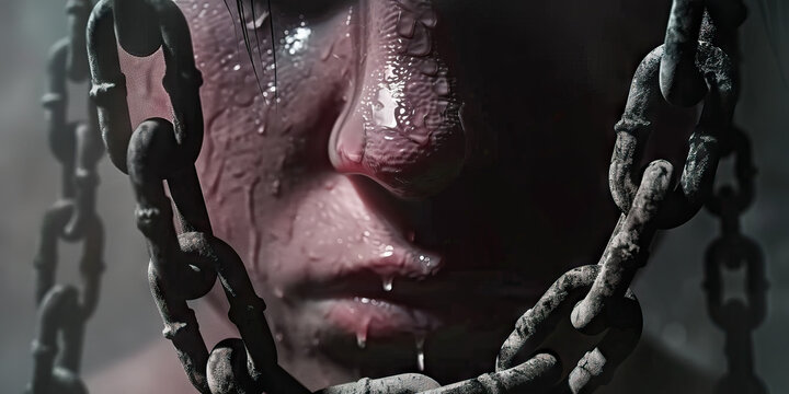 Human Trafficking: A powerful image of a person in chains, symbolizing the captivity and exploitation faced by victims of human trafficking