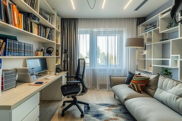 Fototapeta premium A modern study room with white shelving, a comfortable couch, and a large window