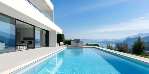Obraz premium Modern suburban home with pool stainless steel barbecue and scenic views. Concept Suburban Living, Poolside Relaxation, Outdoor Entertaining, Scenic Views