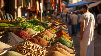 Obraz premium ''vibrant Moroccan market in August, bustling with people, colorful stalls selling spices and textiles, warm sunlight, lively atmosphere'' 