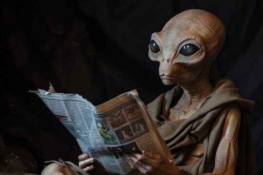 A lifelike alien figure engrossed in reading an earthly newspaper