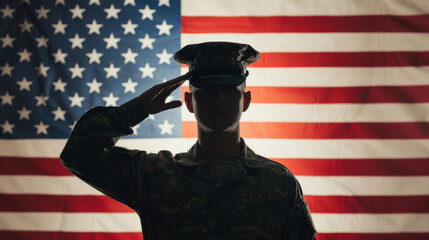 watercolor illustration of a soldier saluting in front of the American flag, with a background of soft, respectful hues, honoring Patriot Day 