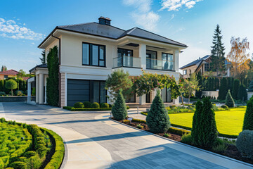 Suburban street lined with modern residential houses featuring manicured gardens and lush greenery under a clear blue sky. Real estate and private property