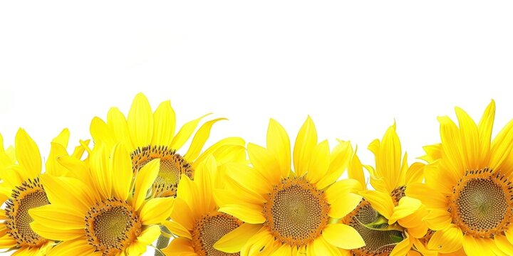 Vibrant sunflower border isolated on white background, bright yellow petals, copy space