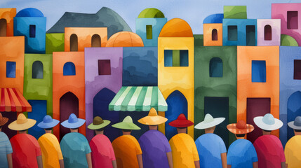 watercolor painting of a Hispanic art exhibition, with vibrant artworks and artists, capturing the cultural richness of Hispanic Heritage Month 