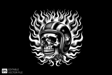 Fototapeta premium Skull head wearing motorcycle helmet vector illustration design black and white