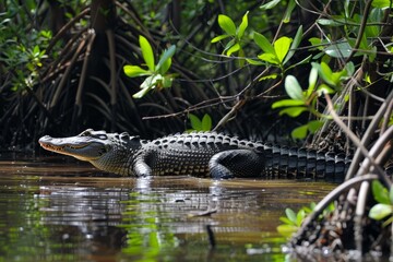 Fototapeta premium A majestic american alligator lounges on a riverbank among the mangroves