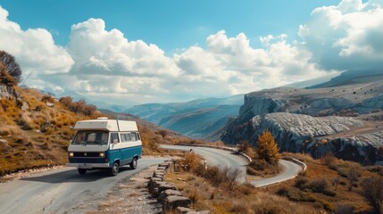 Fototapeta premium Vintage camper van parked on a winding mountain road, surrounded by breathtaking views of the rugged terrain