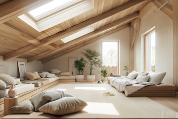 A bright and airy attic living room with wooden beams and skylights