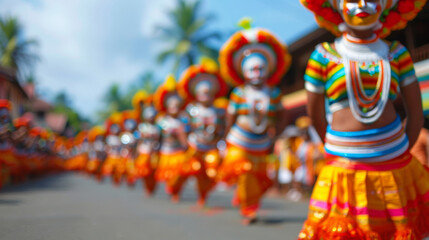 Wide angle of a vibrant Onam parade in Kerala, featuring traditional dancers in colorful costumes and decorated floats 