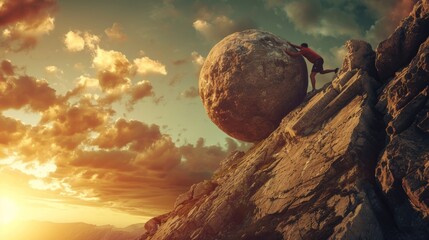 Man pushing round stone up mountain in realistic depiction of sisyphus  eternal task