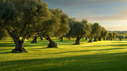 Wide shot of a Sicilian olive grove, ancient trees with gnarled trunks and silvery leaves, bathed in warm sunlight 